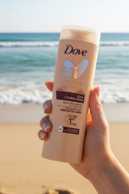 Dove self-tan lotion bottle on a white background