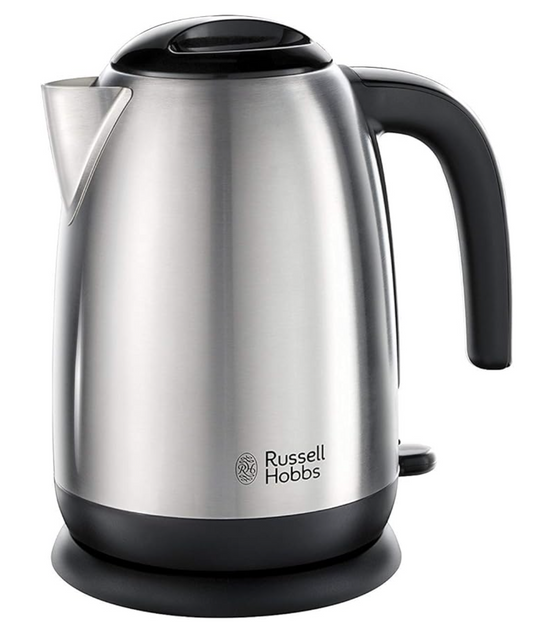 Russell Hobbs Stainless Steel & Black Electric 1.7L Cordless Kettle with black handle (Fast Boil 3KW, Removable washable anti-scale filter, Pull off lid, Perfect pour spout) 23911