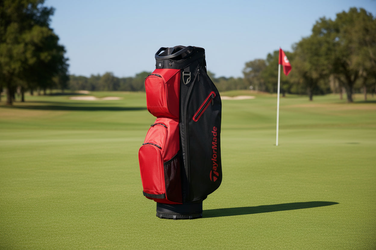 Red and black golf bag with TaylorMade logo on a white background
